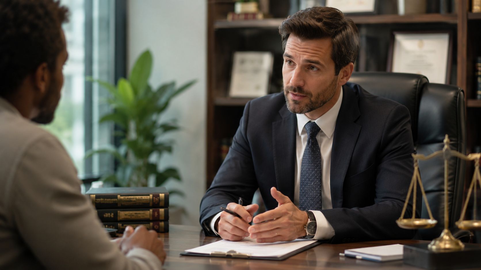 A professional lawyer having a serious consultation with a client in an office with law books.