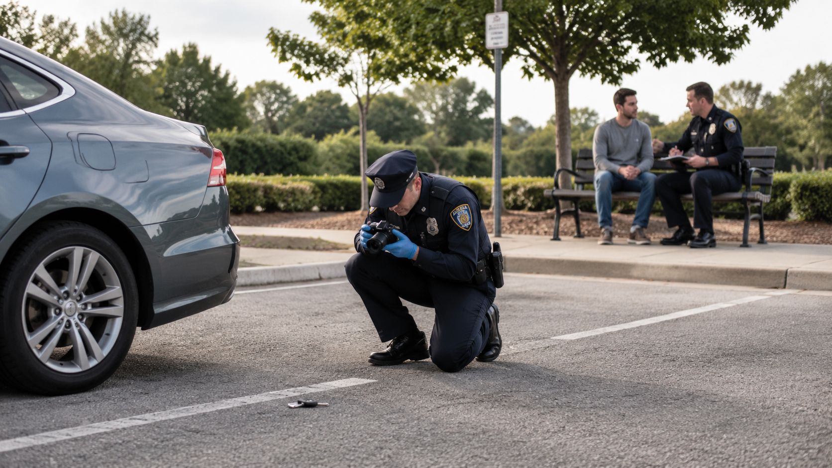 A police officer kneels to photograph evidence near a car while another officer interviews a witness nearby.