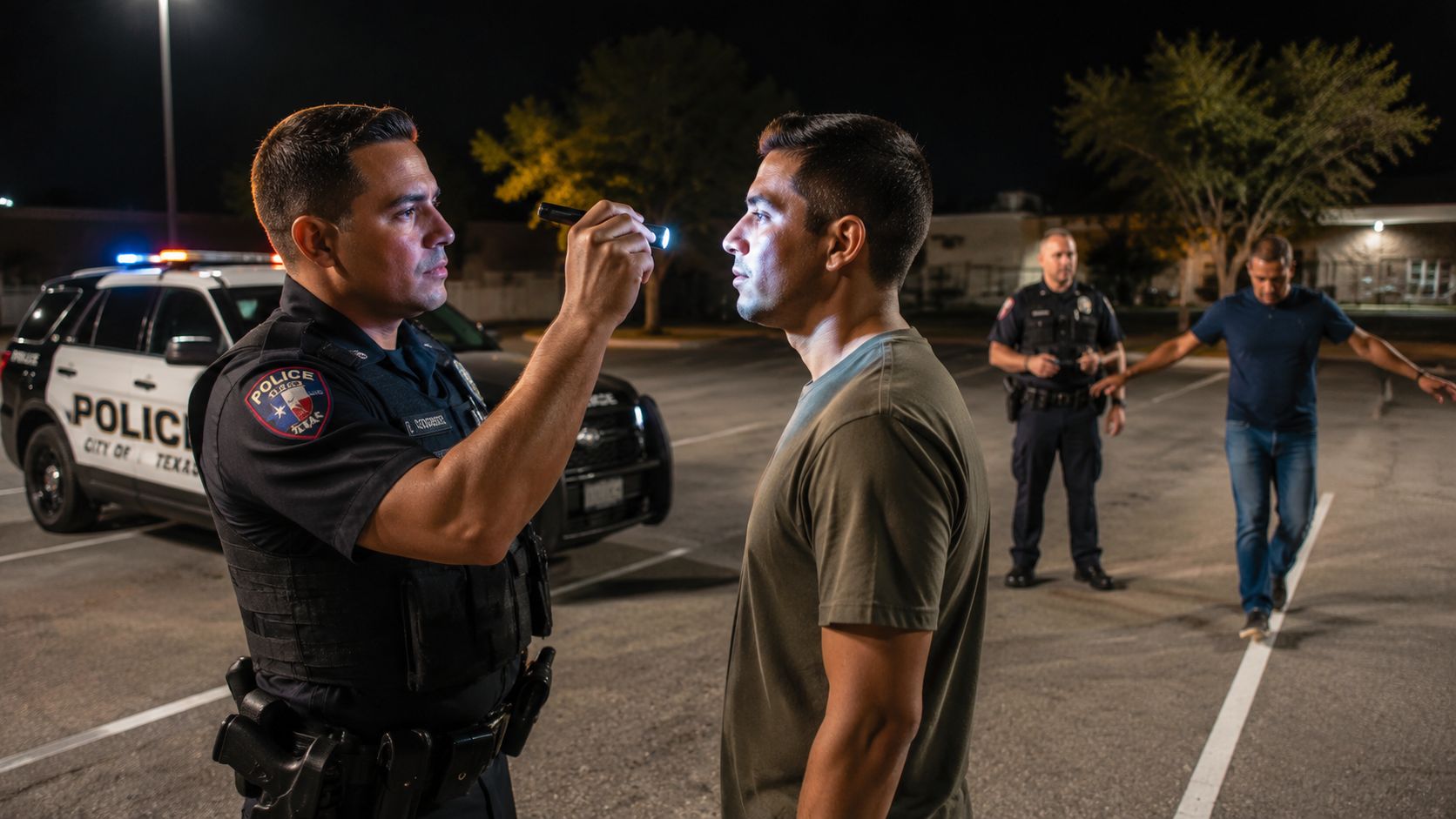 A police officer conducts a field sobriety test on a man while another officer observes nearby.