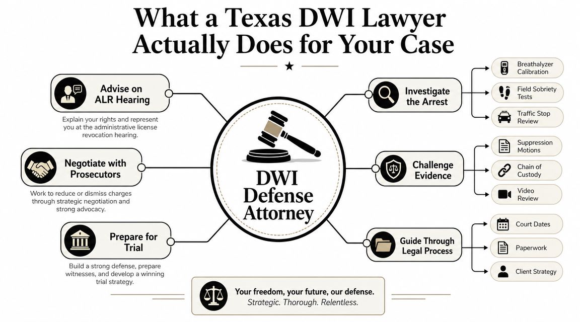 An infographic detailing the various responsibilities of a Texas DWI defense attorney throughout a legal case.