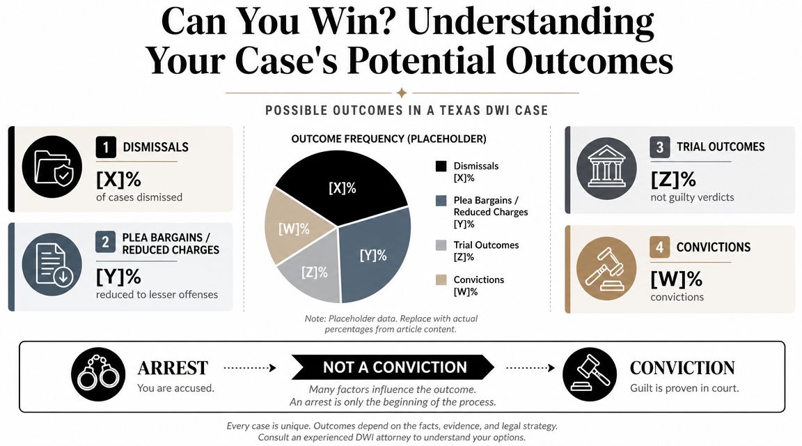 An infographic illustrating potential legal outcomes for Texas DWI cases, including dismissals, plea bargains, and trial verdicts.