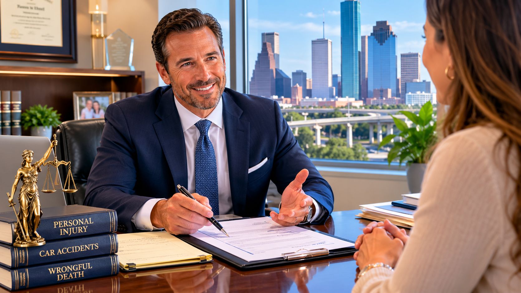 A professional male attorney in a suit consults with a female client in his office overlooking city skyline.