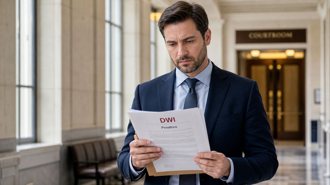 A professional man in a suit reading a document about DWI penalties in a courtroom hallway.