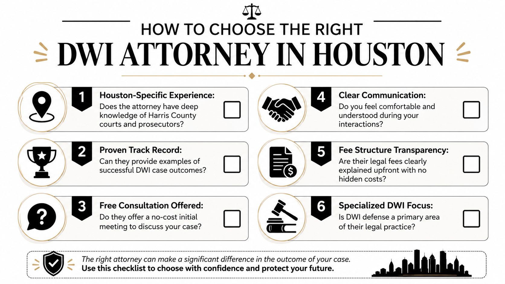 A checklist for choosing a DWI attorney in Houston, including experience, communication, and fee transparency.