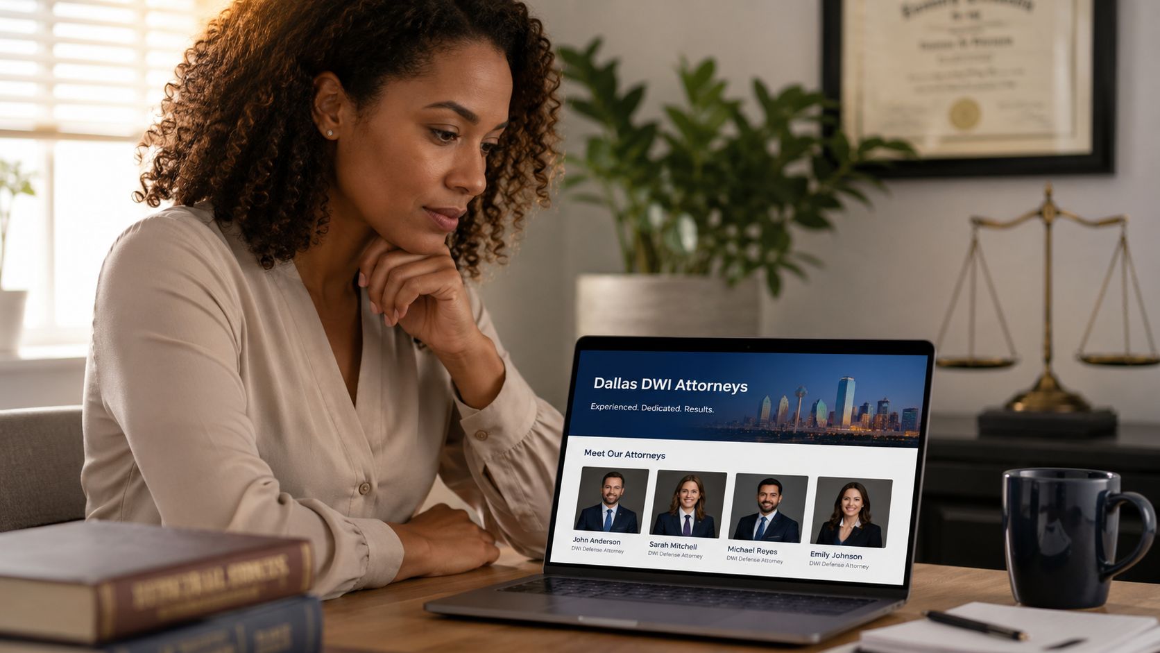 A professional woman reviews a Dallas DWI attorney website on her laptop while sitting at her desk.