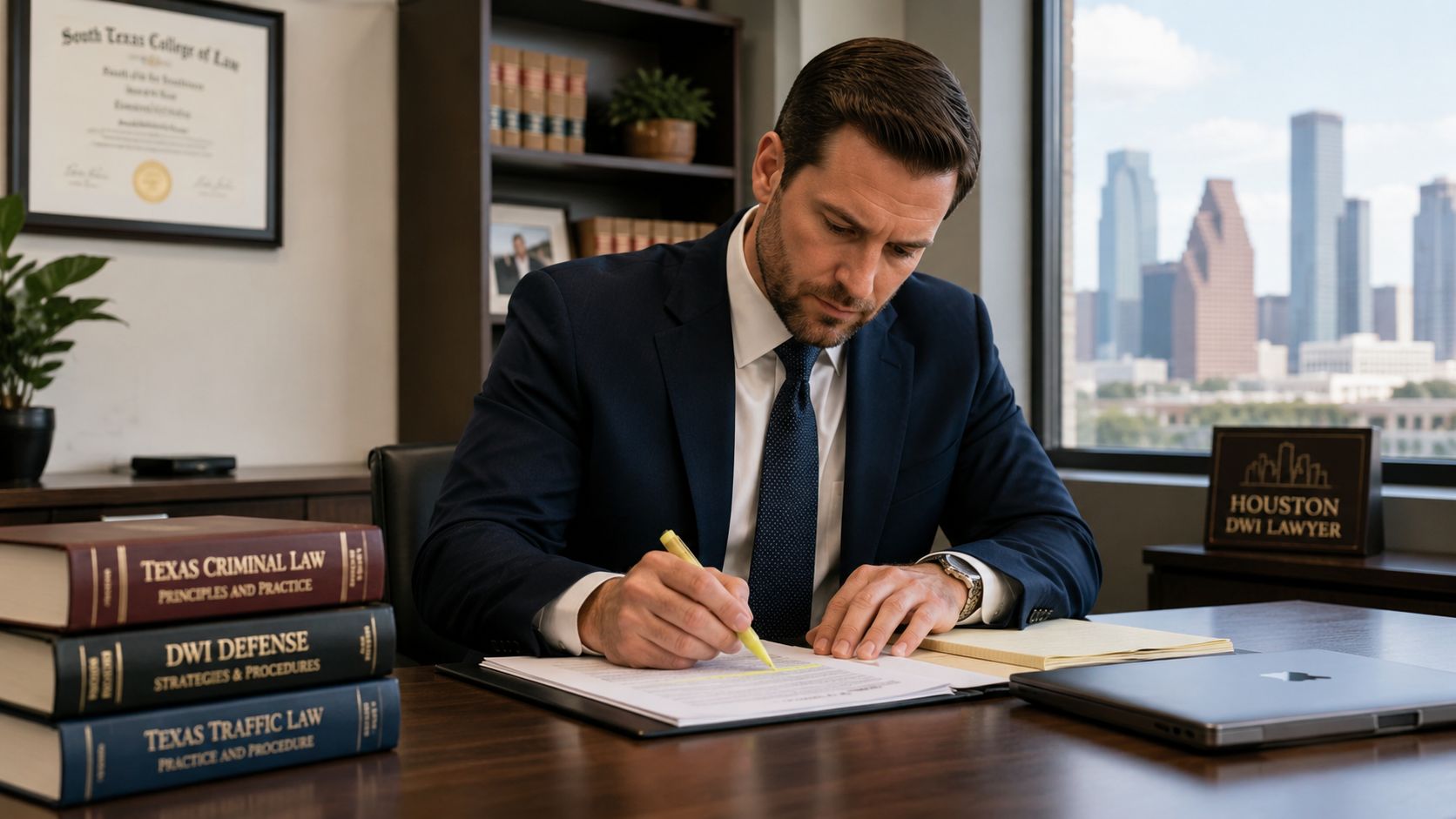 A professional Houston DWI lawyer reviewing legal documents at his desk with a city skyline view.