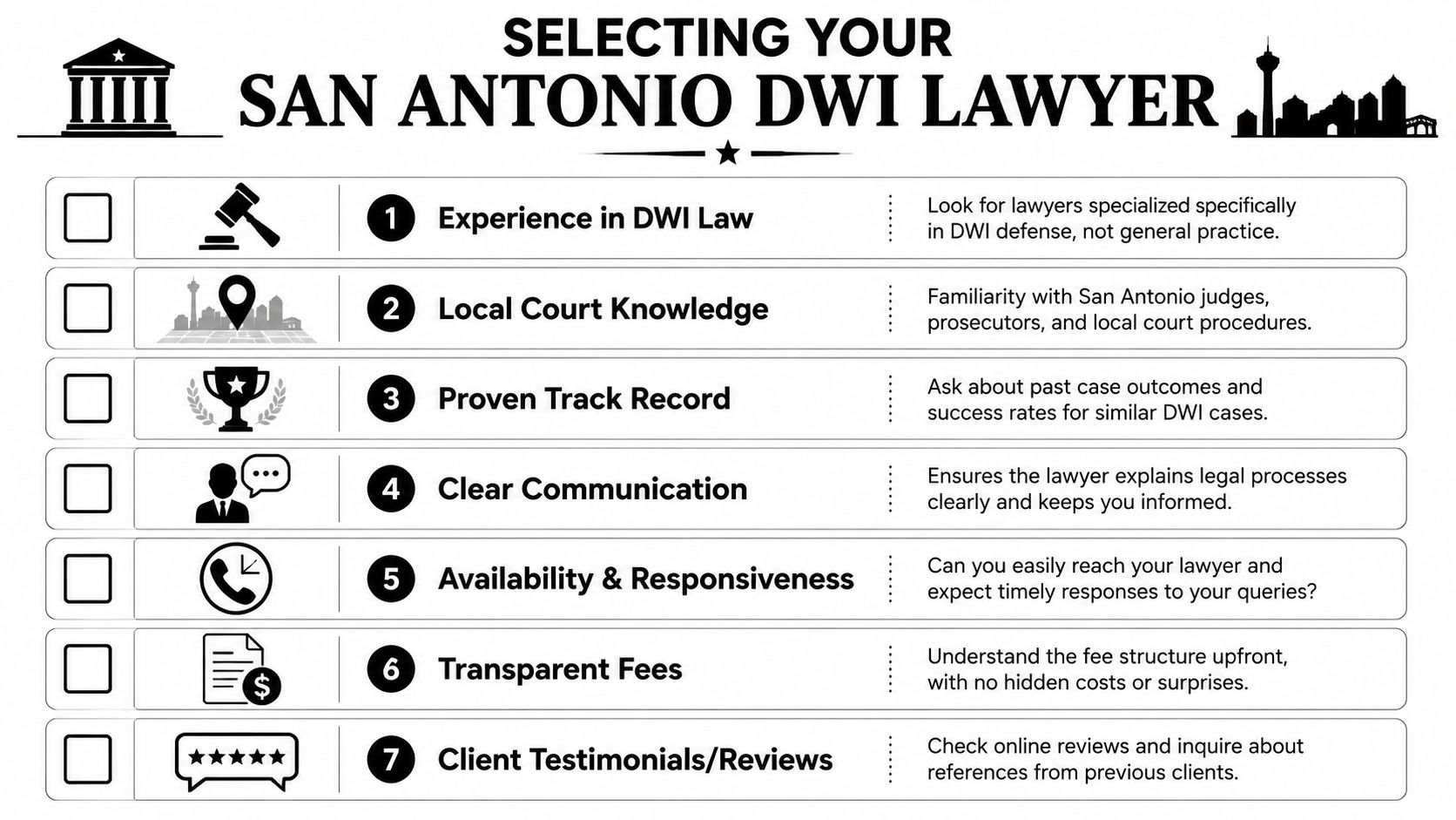 A checklist infographic titled Selecting Your San Antonio DWI Lawyer with seven key tips for choosing legal representation.