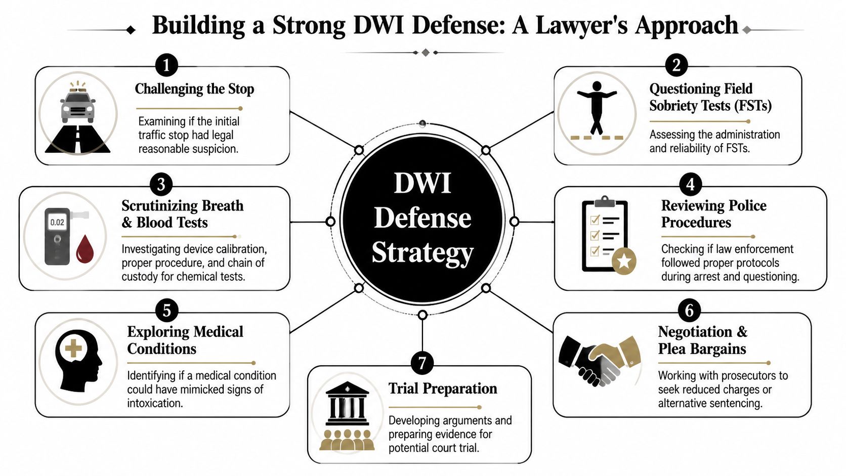 A diagram outlining seven key legal strategies for building a strong criminal defense in DWI cases.