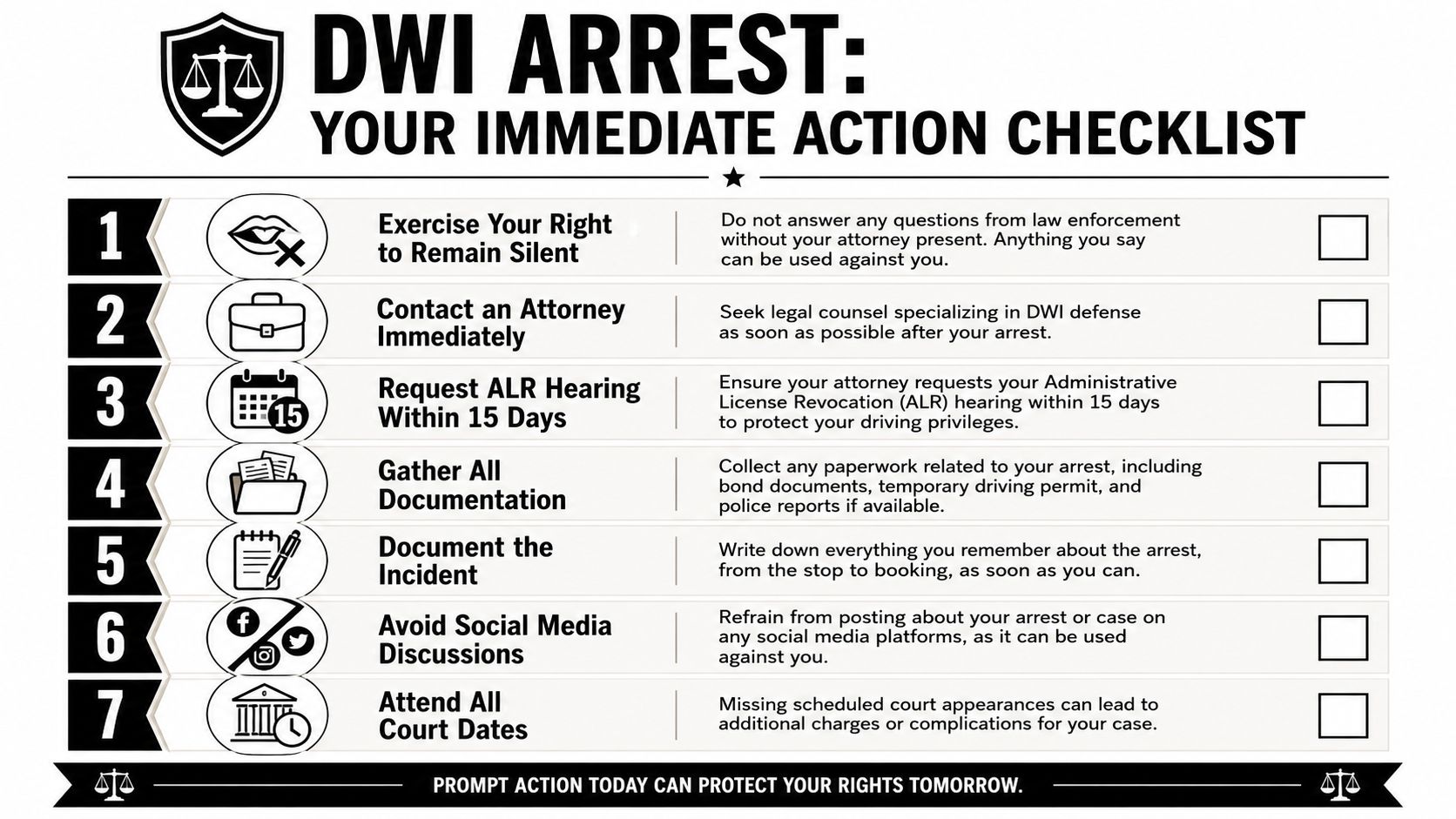 A seven-step checklist for immediate actions to take following a DWI arrest to protect your legal rights.