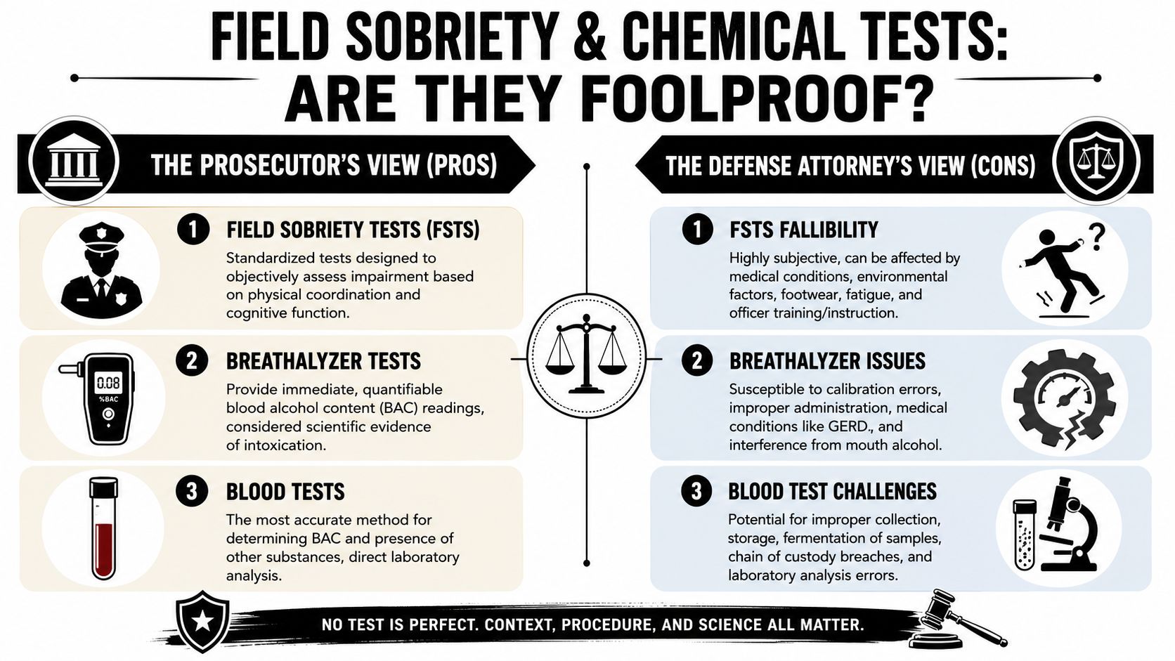 An infographic comparing prosecutor and defense attorney viewpoints on the accuracy of DUI sobriety and chemical tests.