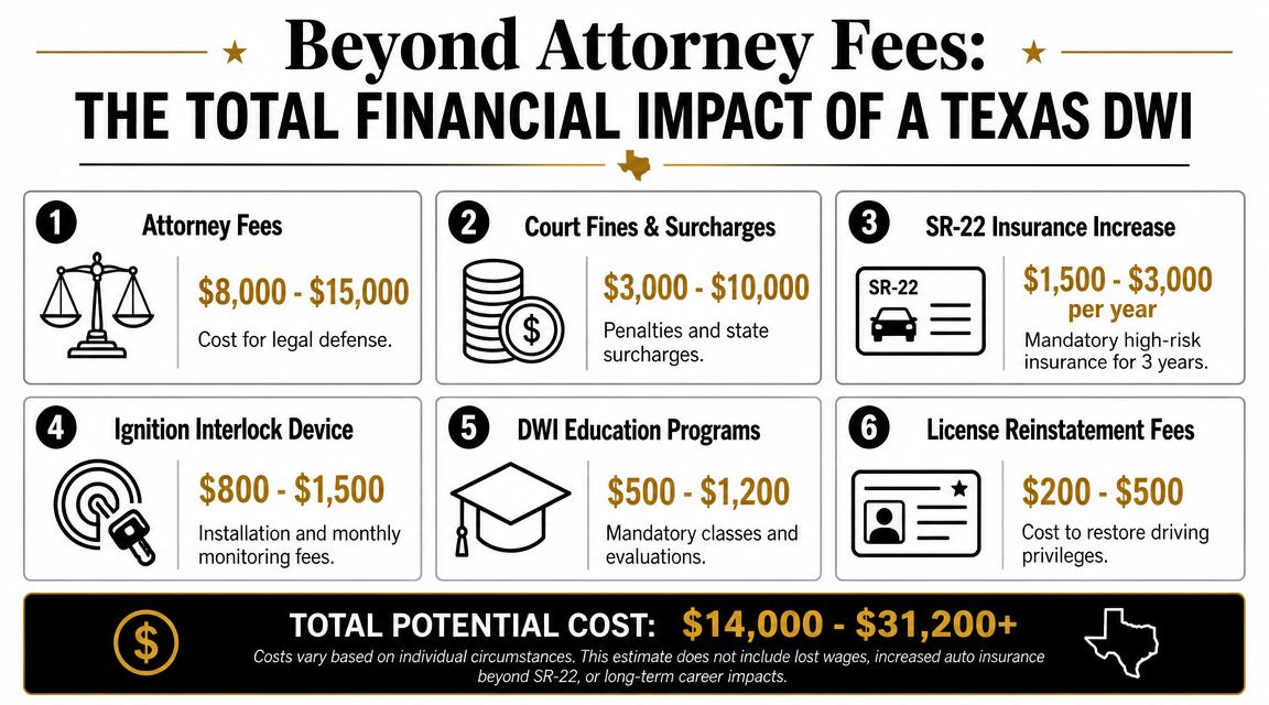 An infographic detailing the potential total financial costs and legal expenses associated with a Texas DWI conviction.