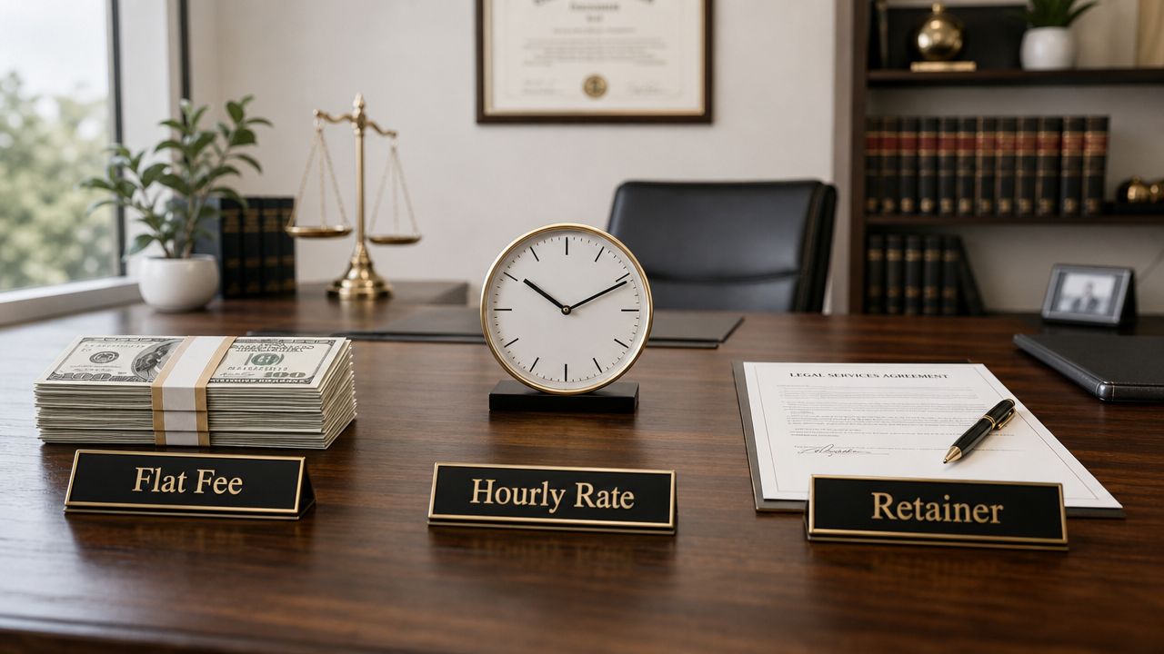 A wooden desk featuring money, a clock, and a legal agreement with signs for flat fee, hourly rate, and retainer.