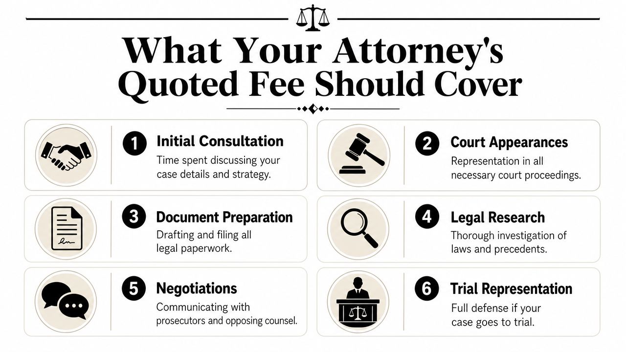 An infographic detailing the six essential legal services included in a standard attorney's quoted fee.