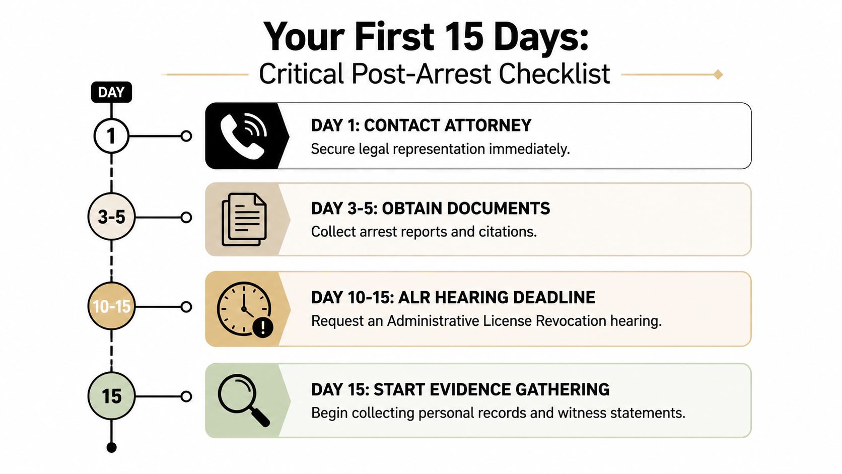 A timeline graphic illustrating the critical steps and legal checklist to follow within 15 days after an arrest.
