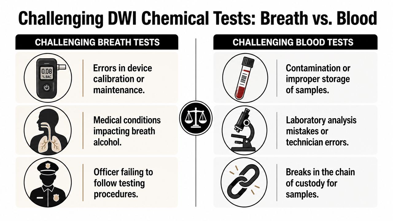 A comparison chart outlining common legal challenges against DWI breath tests versus blood tests in court proceedings.