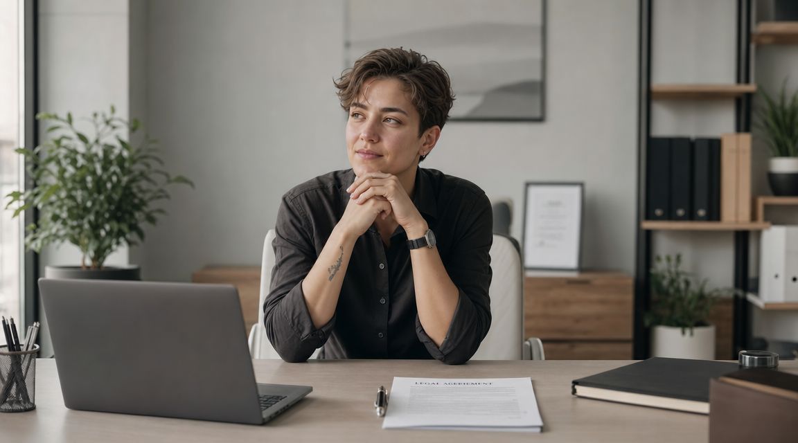 A professional woman sitting at a desk with a laptop and legal document, looking away thoughtfully.