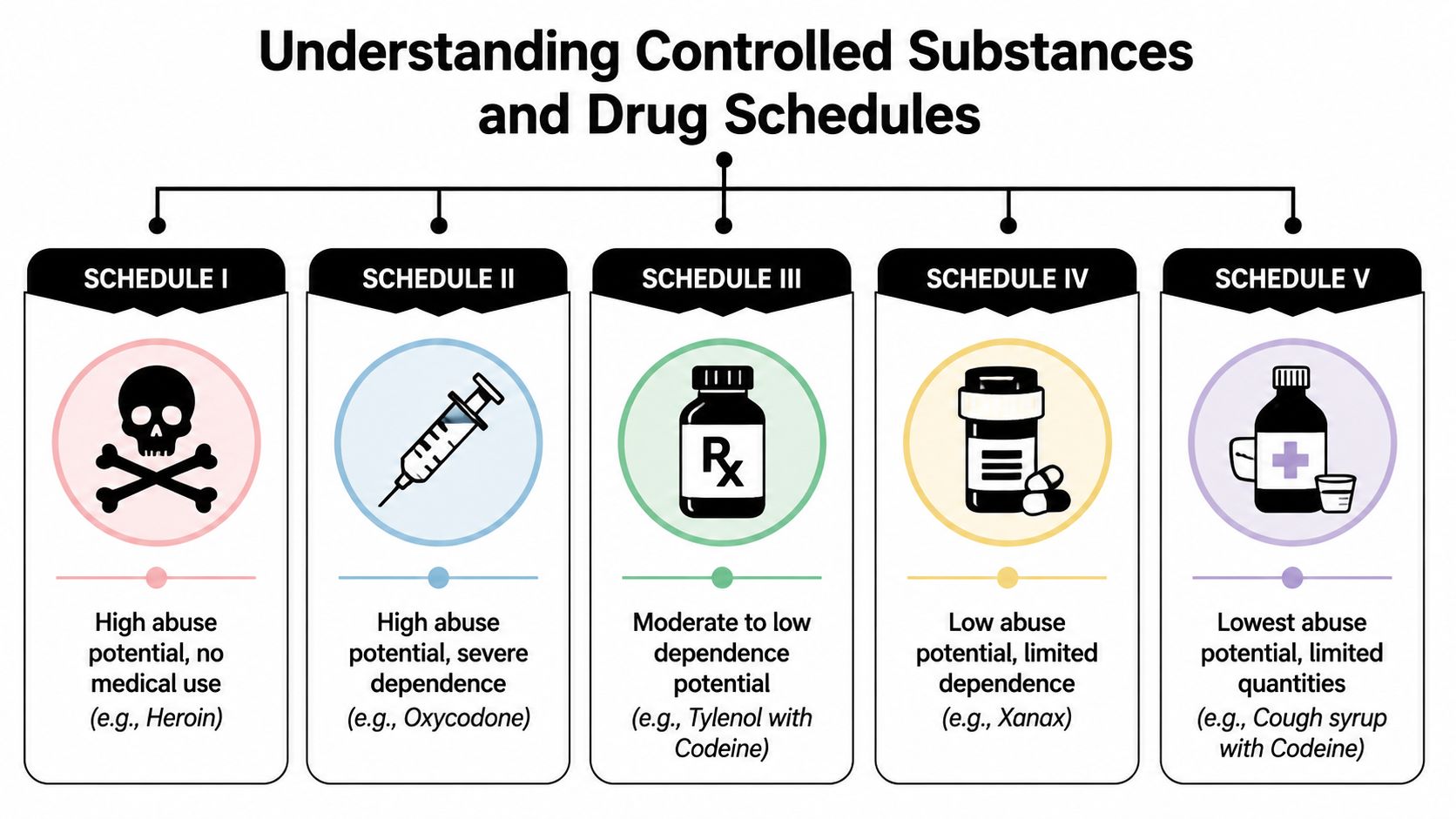 A chart showing five categories of controlled substances based on their abuse potential and medical uses.