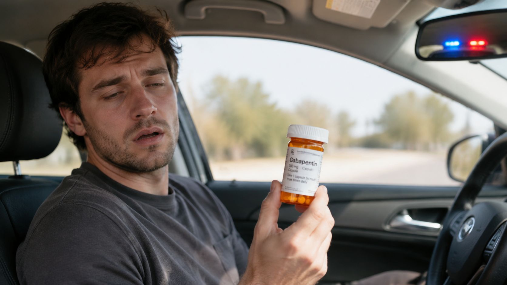 A disoriented driver sitting in a car holding a bottle of Gabapentin prescription medication.