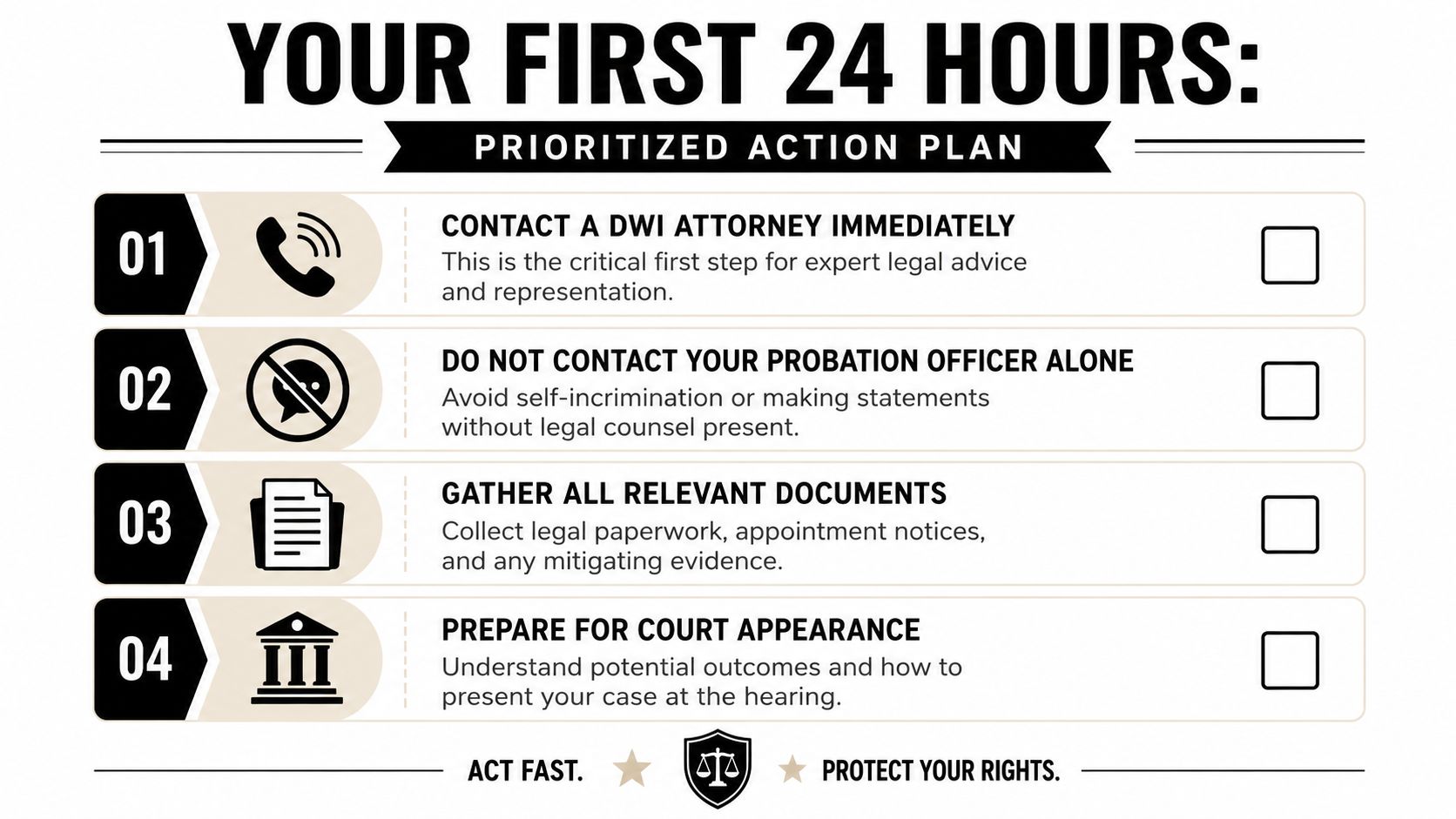 A checklist for legal actions to take after a missed probation appointment regarding a DWI case.