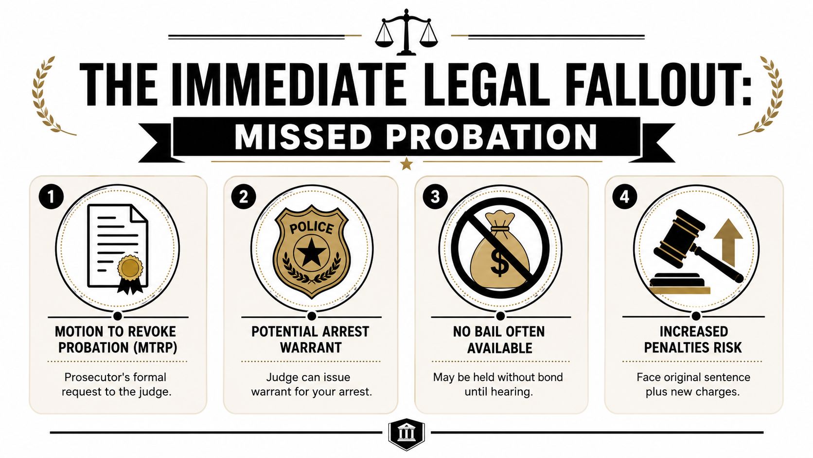 An infographic detailing the four immediate legal consequences for missing a scheduled probation appointment.