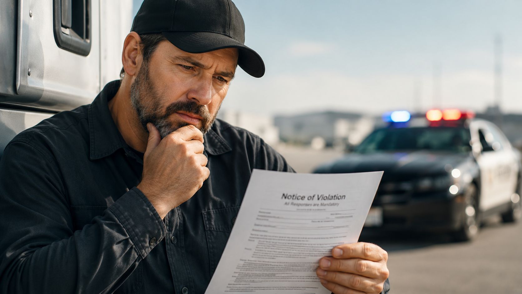 A concerned truck driver holding a Notice of Violation paper with a police car in the background.