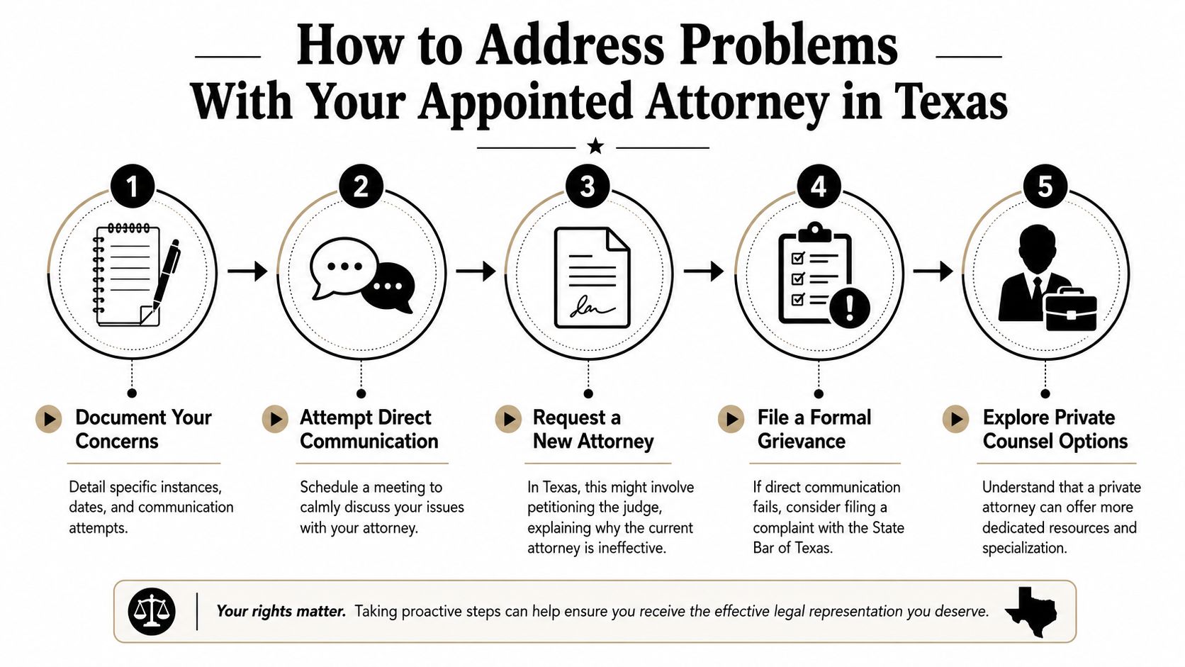 A five-step guide on how to address problems with your court-appointed attorney in Texas.