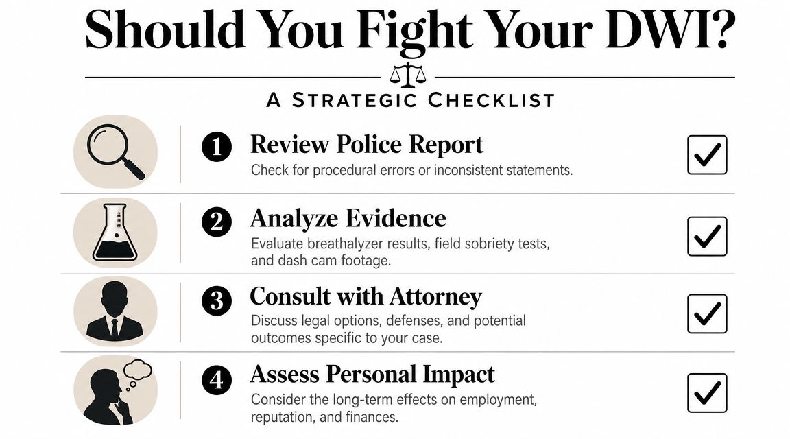 A strategic checklist infographic outlining four important steps to consider when fighting a DWI charge.