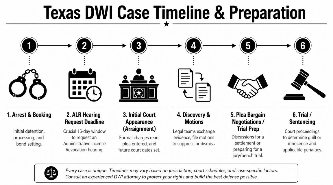 A step-by-step infographic illustrating the typical legal process for a DWI charge in Texas.
