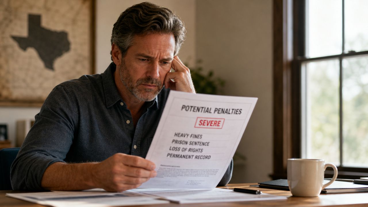 A middle-aged man looks concerned while reviewing a document listing severe potential legal penalties and consequences.