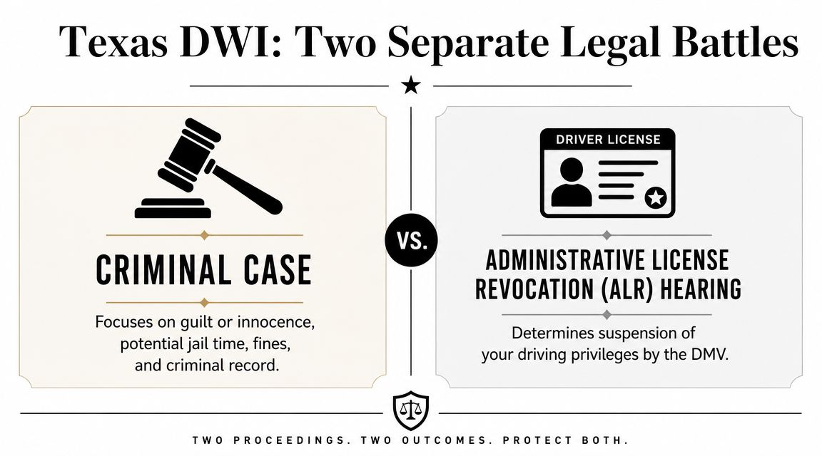 A visual comparison infographic explaining the difference between criminal DWI cases and administrative license revocation hearings in Texas.