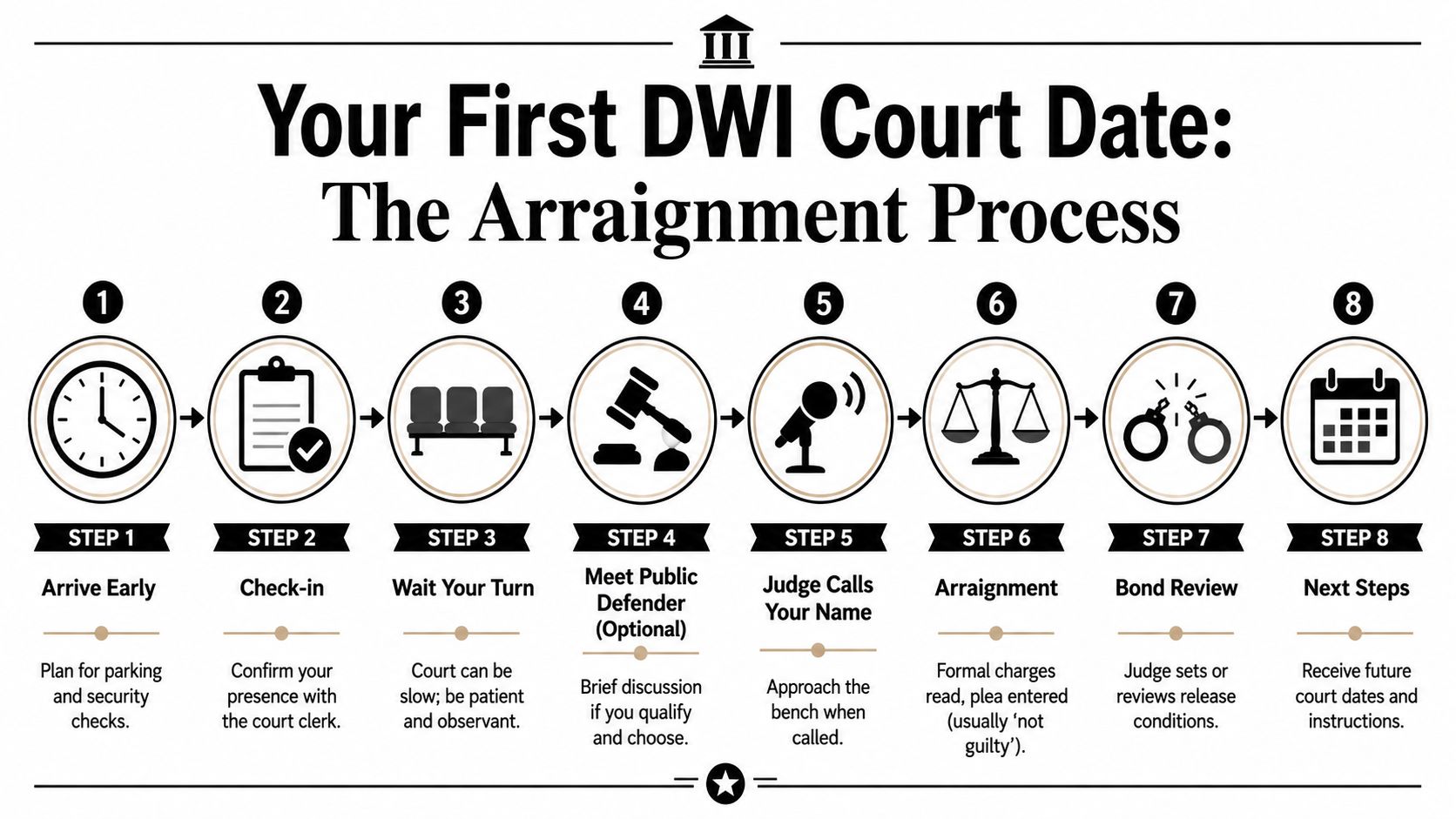 An infographic detailing the eight sequential steps of the arraignment process during a first DWI court date.