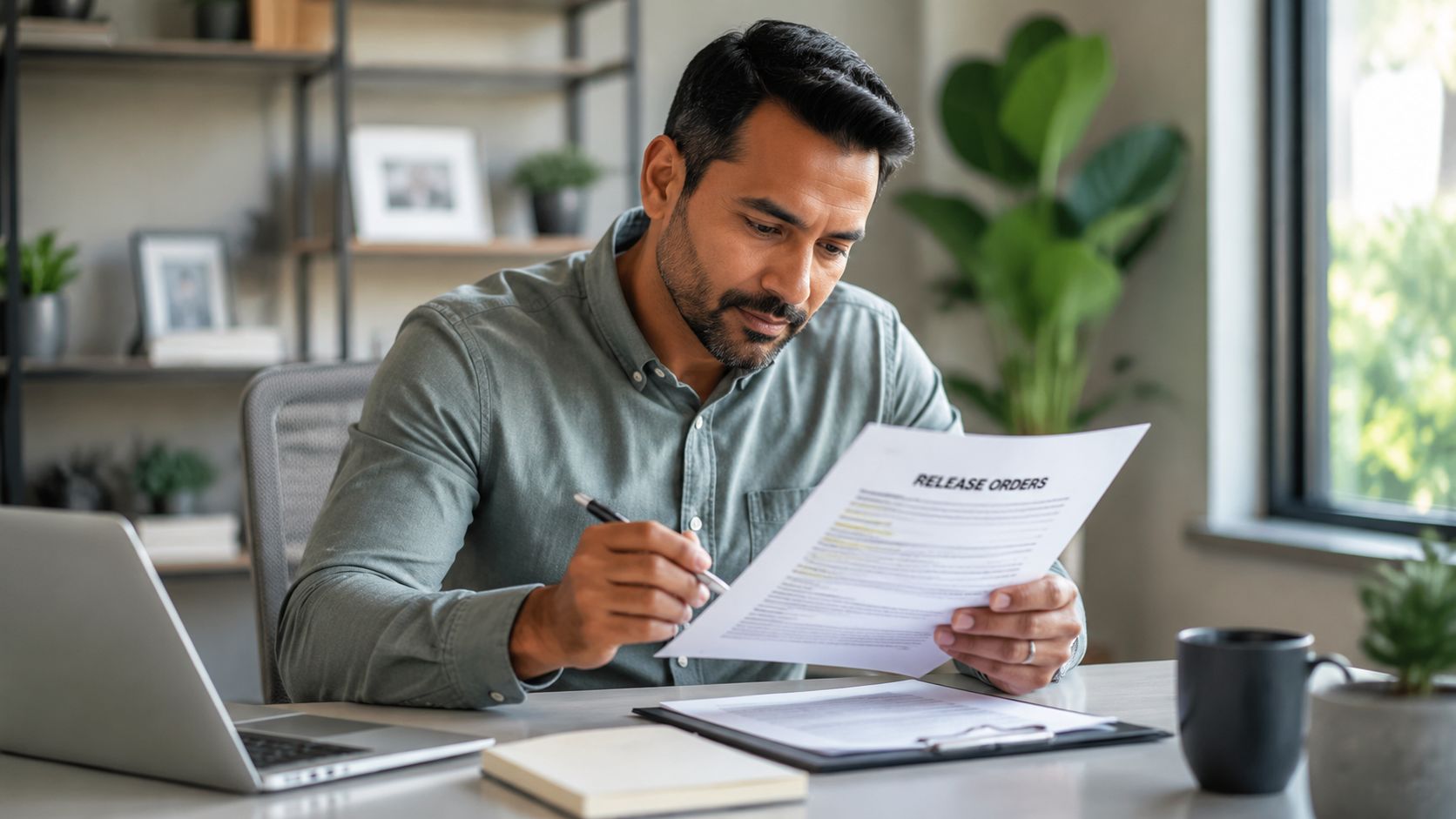 A man in a green shirt reviewing legal documents labeled Release Orders at his office desk.