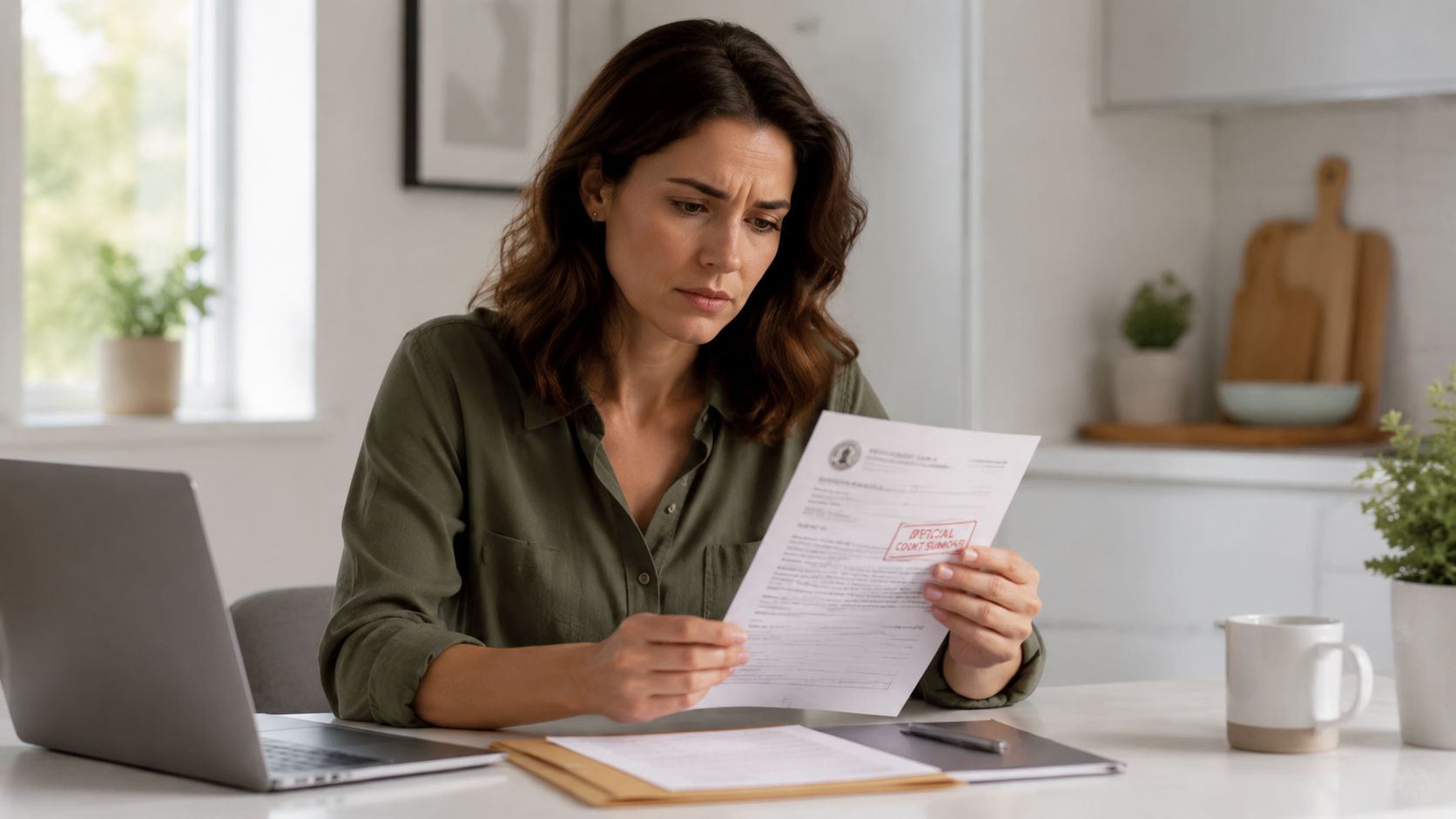 A woman looks concerned while reading a document labeled official count summary at a table.