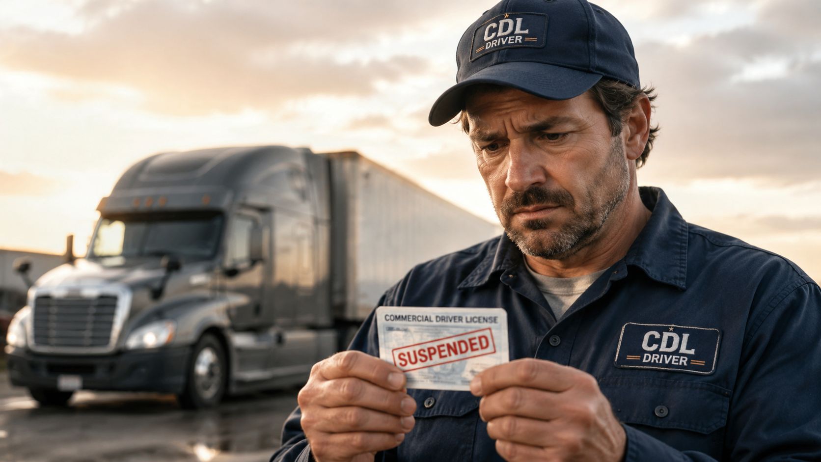 A concerned commercial truck driver holding his driver license with a large red suspended stamp on it.