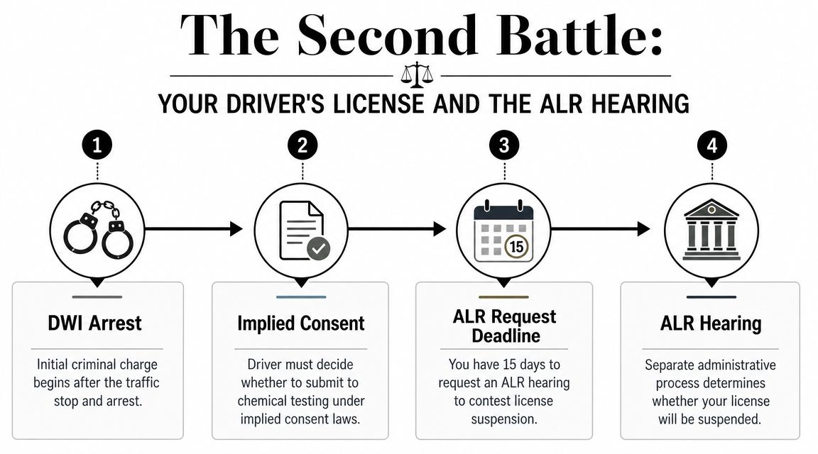 A flow chart explaining the four steps of the ALR hearing process after a DWI arrest.