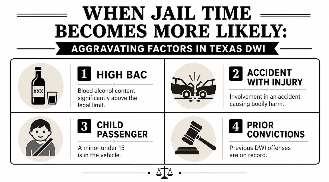 An infographic detailing four aggravating factors in Texas DWI cases that increase the likelihood of jail time.