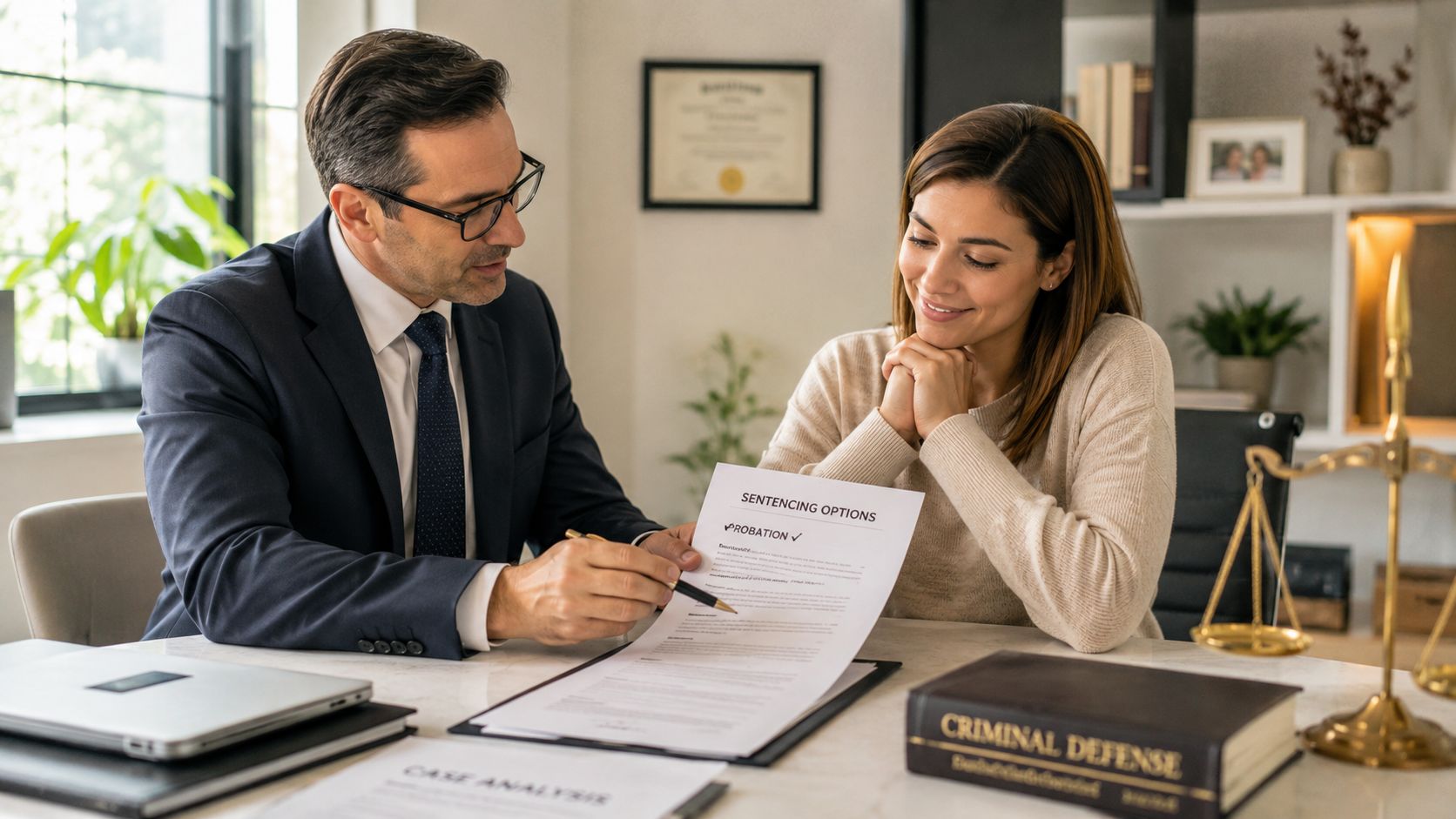 A professional male attorney reviewing sentencing options with a female client in a modern law office.