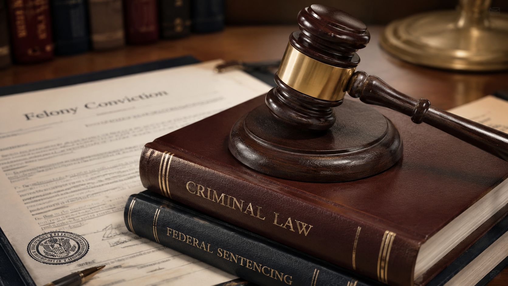 A wooden gavel resting on top of law books with a felony conviction document in the background.