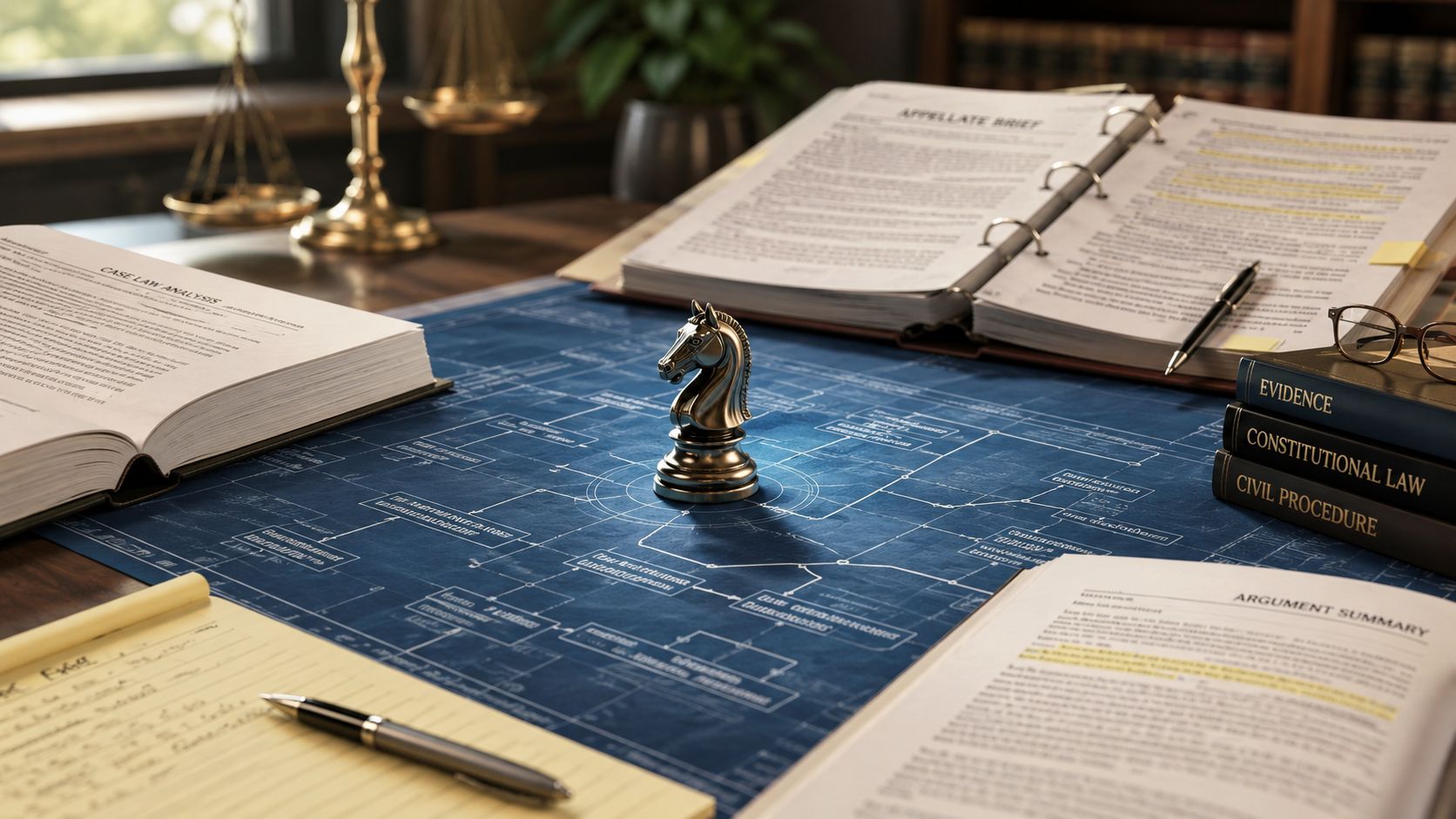 A chess knight stands on a legal blueprint surrounded by law textbooks, scales of justice, and documents.