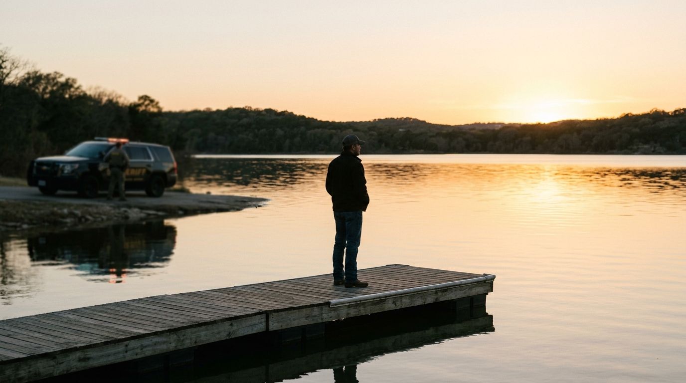 A man stands on a wooden dock overlooking a lake at sunset while a sheriff vehicle waits nearby.