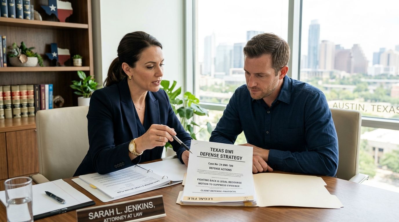 A female attorney explains a legal defense strategy document to a male client in an office.