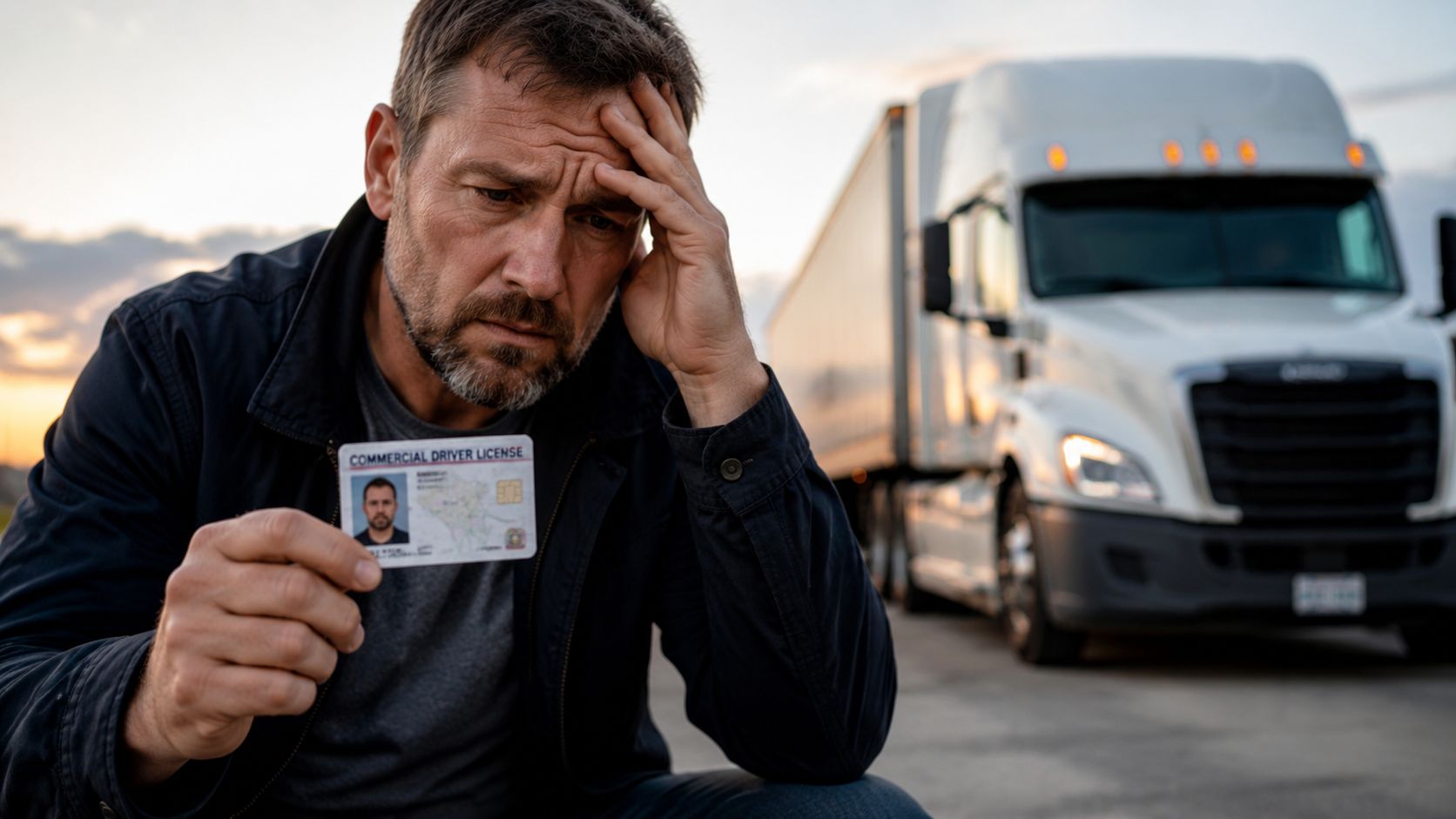 A distressed truck driver holding his commercial driver license with a large semi-truck in the background.