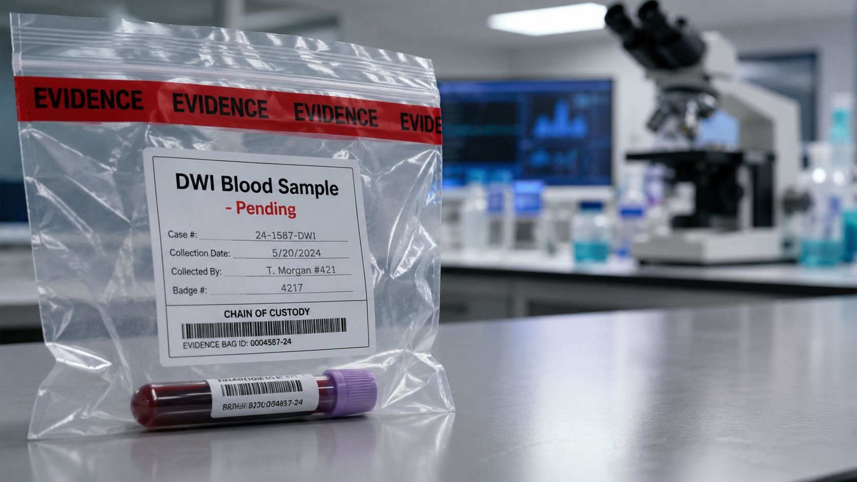 A sealed evidence bag containing a blood sample tube for a pending DWI case test on a lab bench.