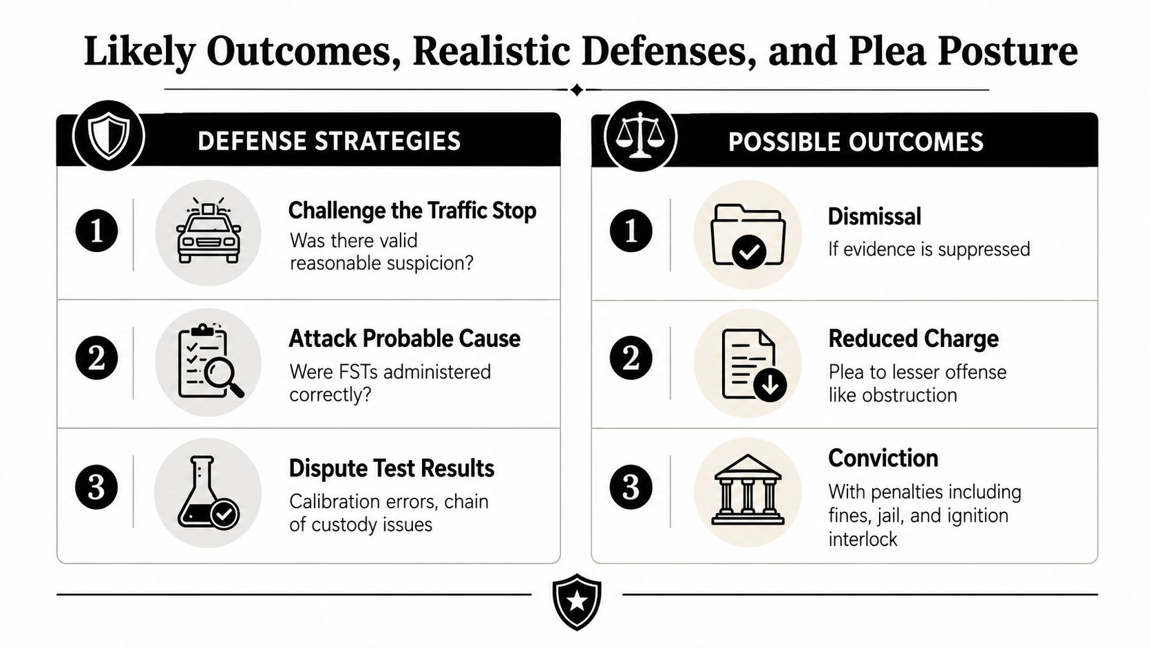 An infographic detailing three defense strategies for DUI cases and three potential legal outcomes for the accused.