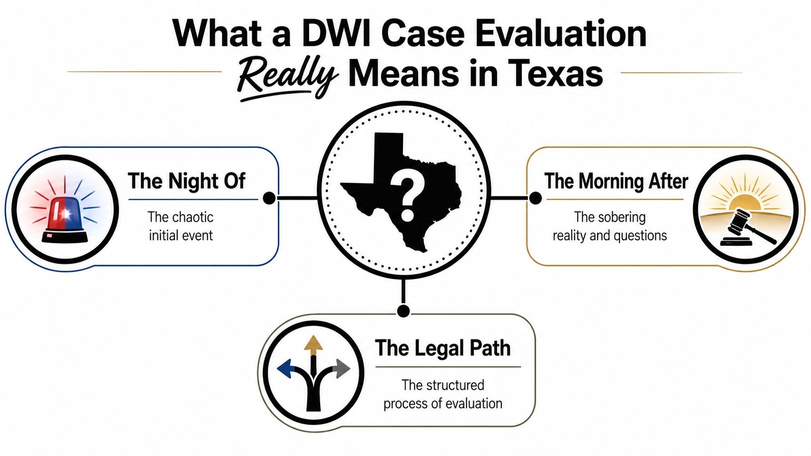 A diagram outlining the three main stages of a DWI case evaluation process in Texas.