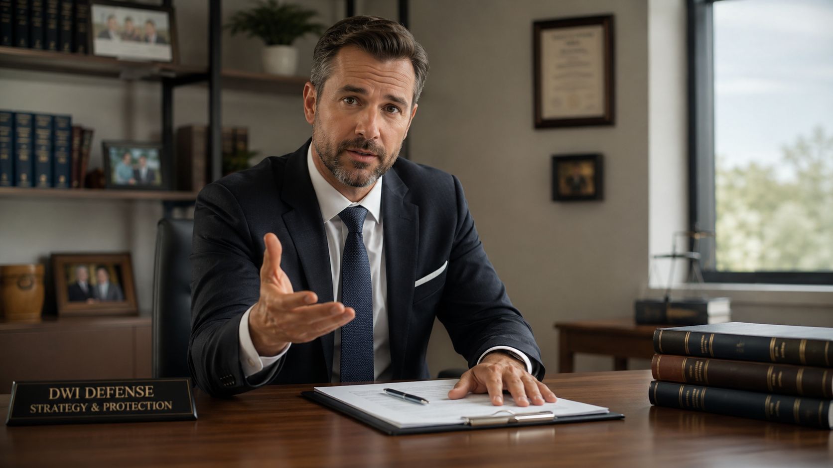 A professional attorney sitting at his desk, gesturing while discussing DWI defense strategy and legal protection services.