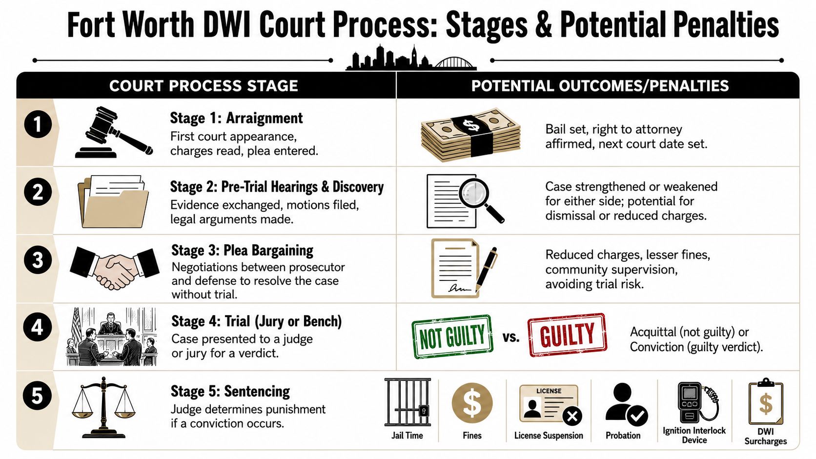 A flowchart detailing the five stages of the Fort Worth DWI court process and potential legal penalties.