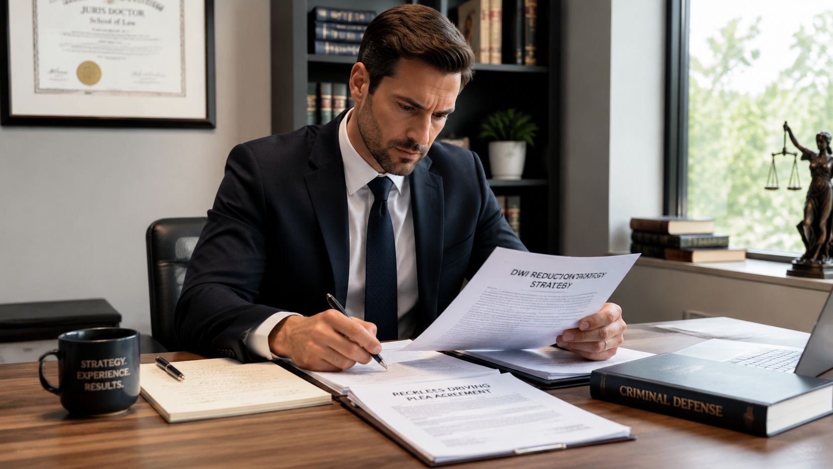 A professional attorney at his desk reviewing DWI reduction strategy and reckless driving plea agreement legal documents.