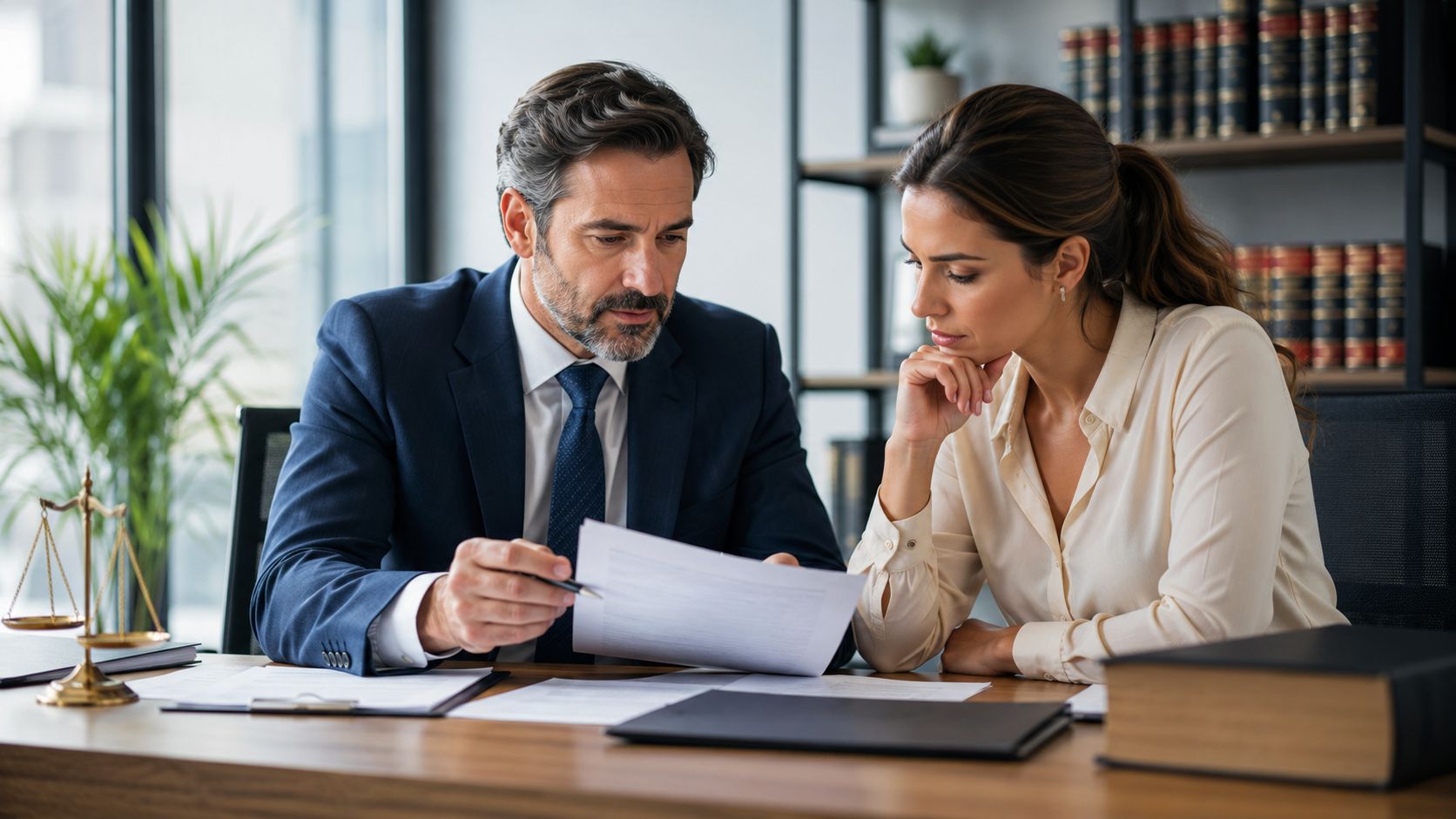 A professional lawyer and a client reviewing legal documents together in a sophisticated law office setting.