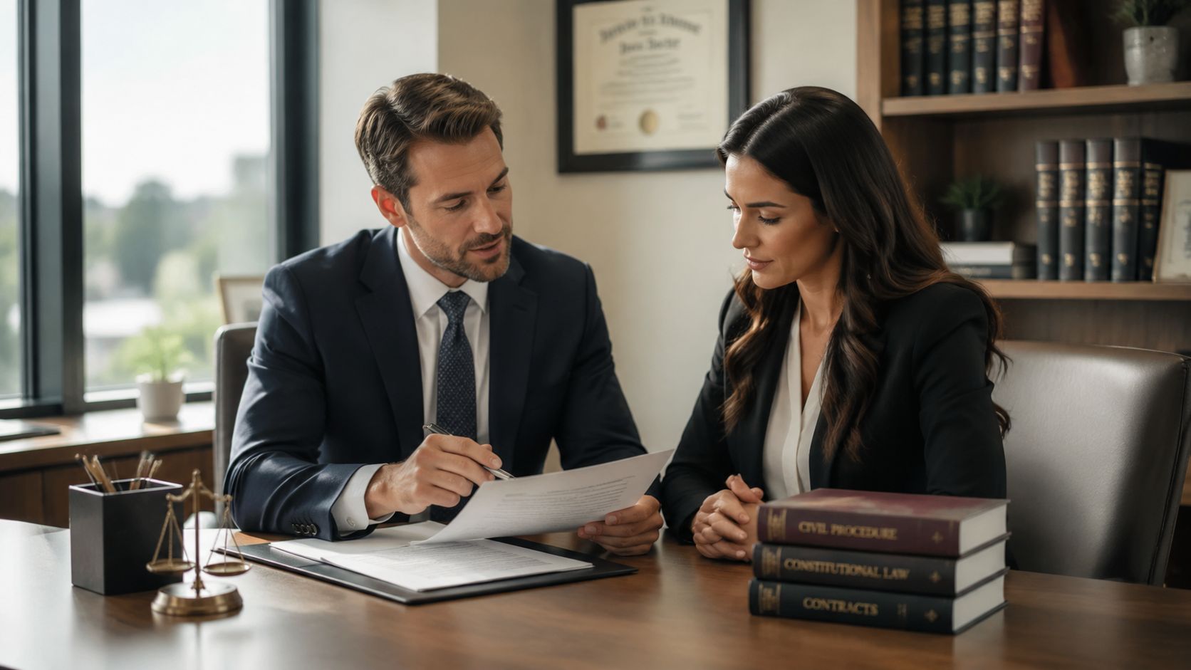 A professional lawyer reviewing legal documents with a client in an office setting.